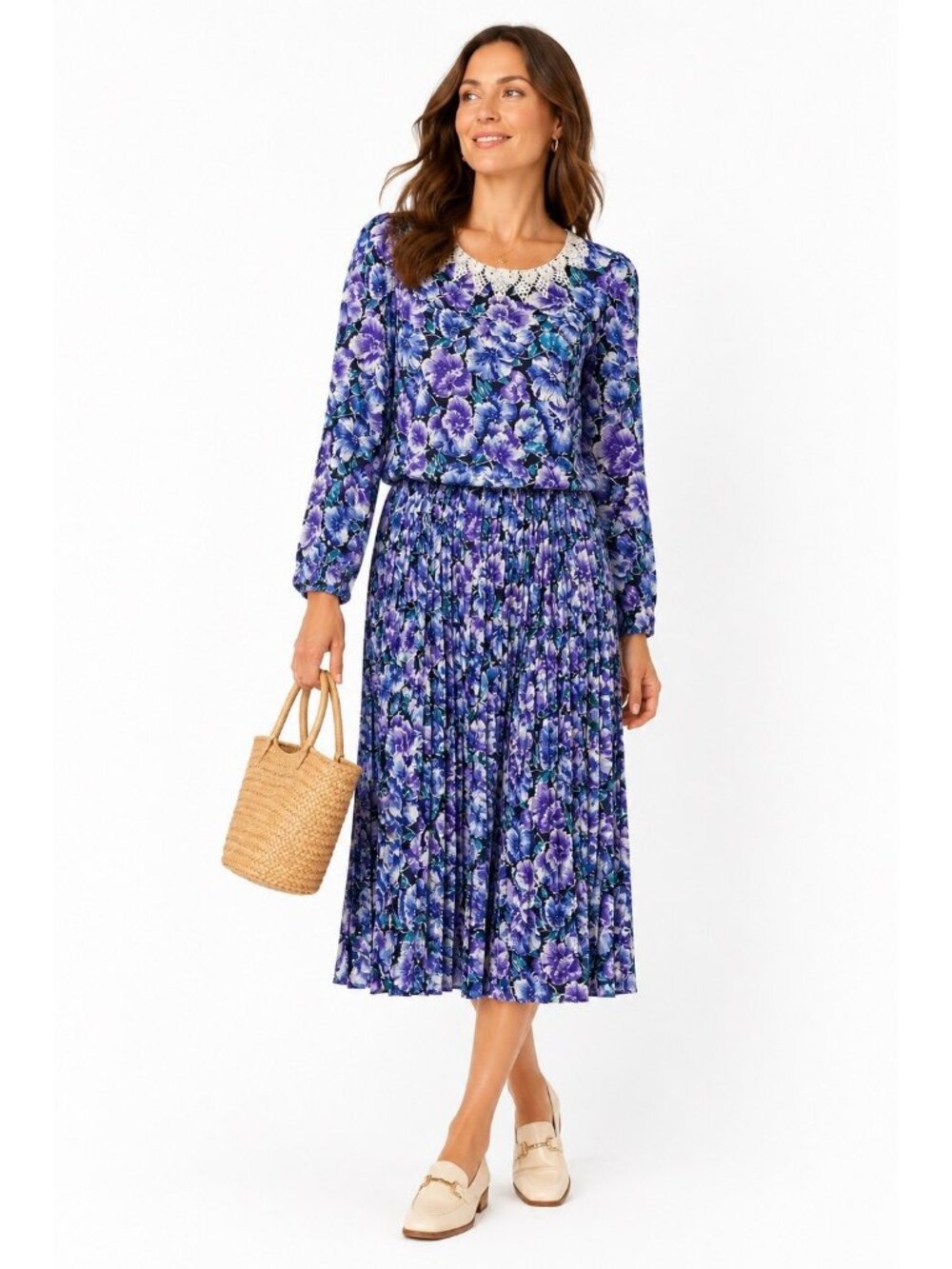 vintage DIANE VON FURSTENBERG dress XL floral pleated midi lace collar cottage